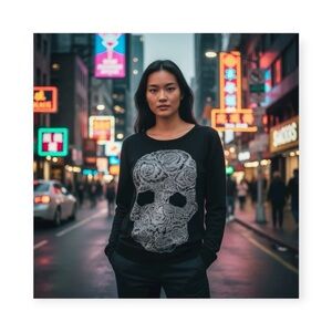 Lauren Moshi ❃ Rose Skull Super Soft Handrawn Graphic Sweatshirt ❃ Black ❃ XS ❃
